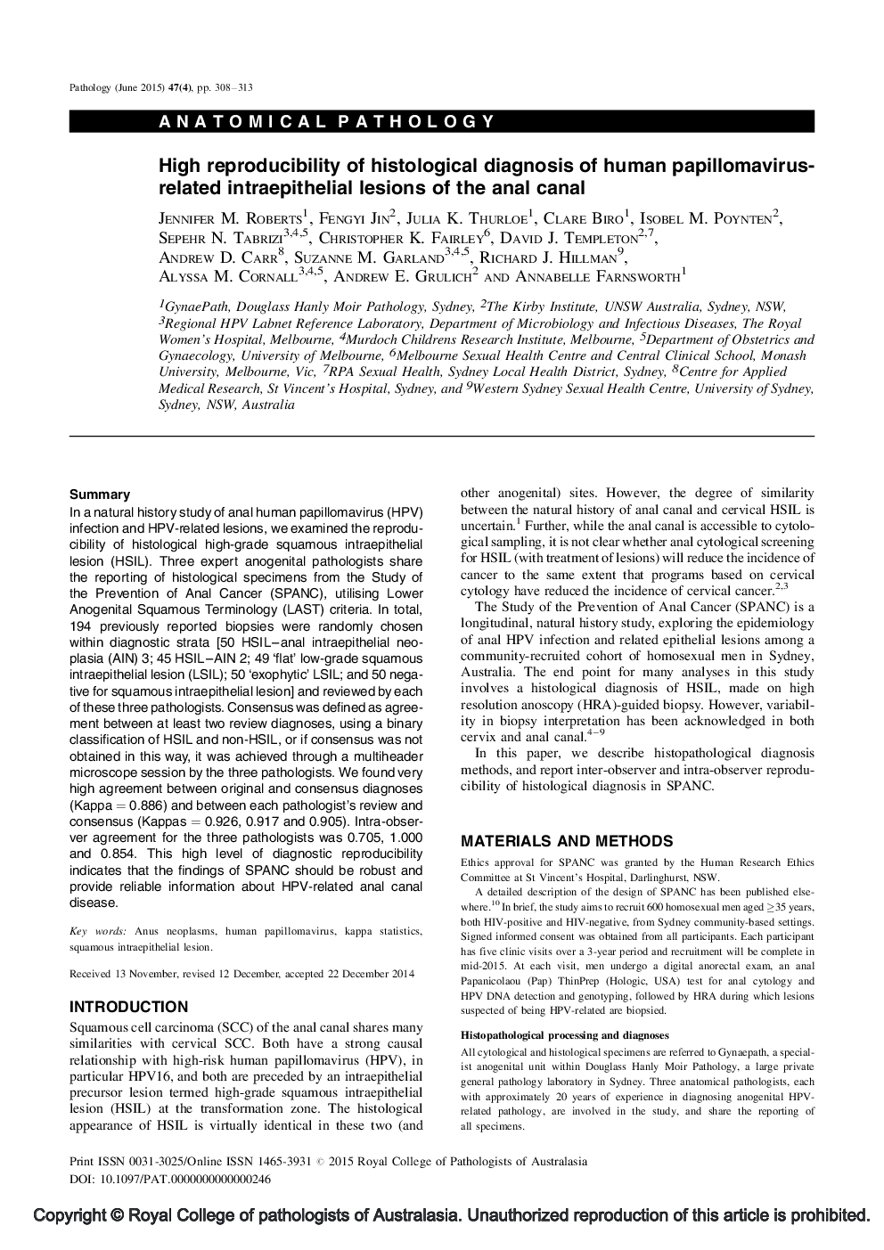 High reproducibility of histological diagnosis of human papillomavirus-related intraepithelial lesions of the anal canal