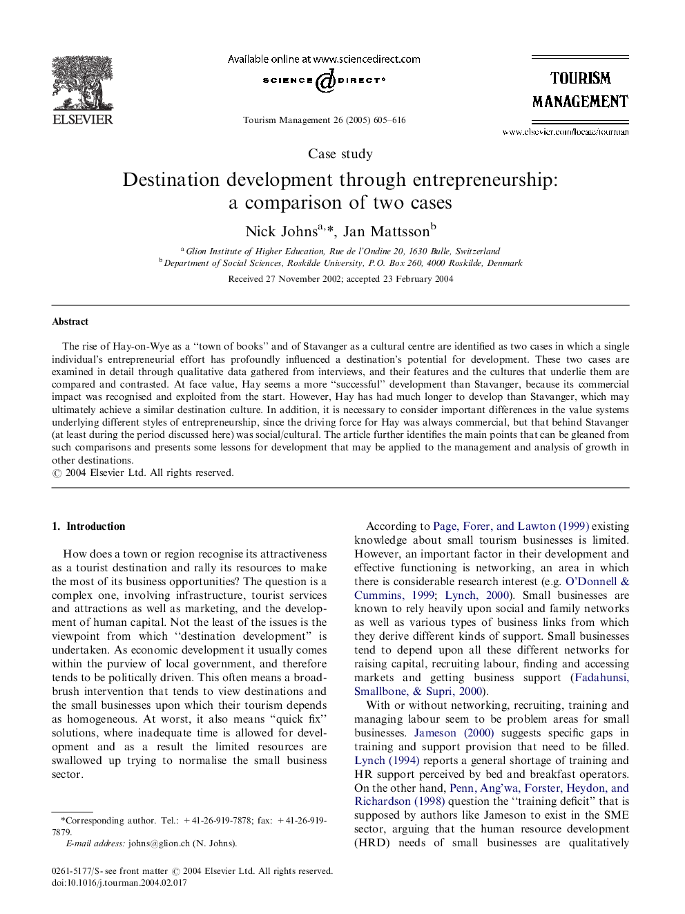 Destination development through entrepreneurship: a comparison of two cases