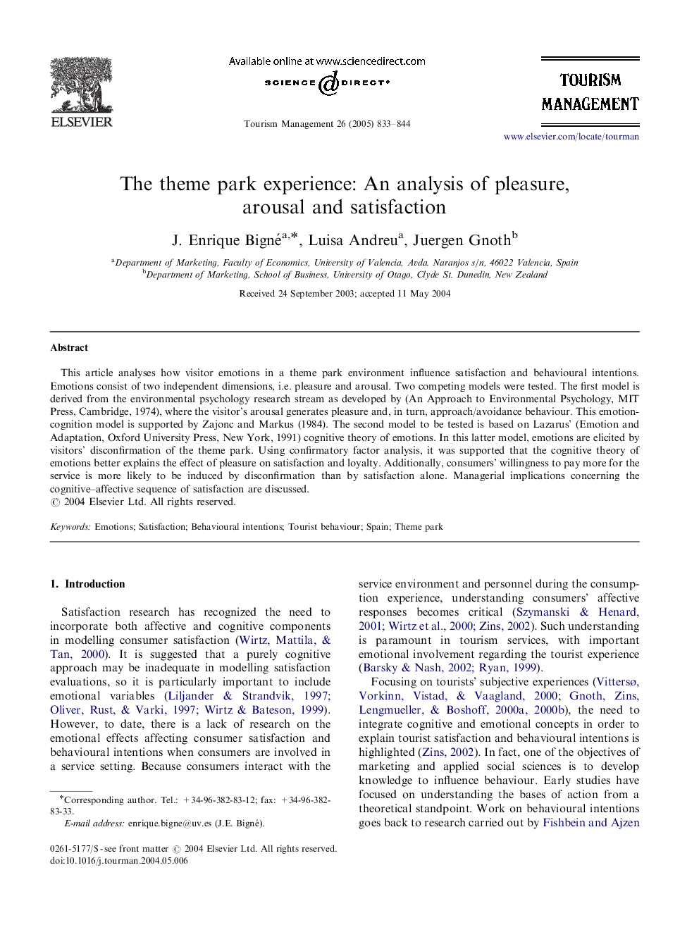 The theme park experience: An analysis of pleasure, arousal and satisfaction