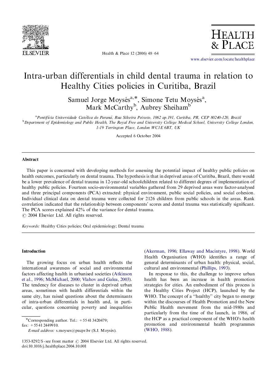 Intra-urban differentials in child dental trauma in relation to Healthy Cities policies in Curitiba, Brazil