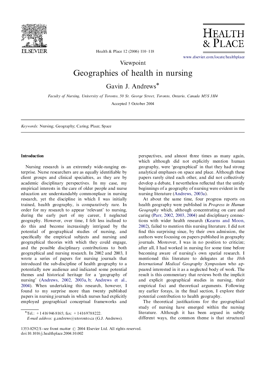 Geographies of health in nursing