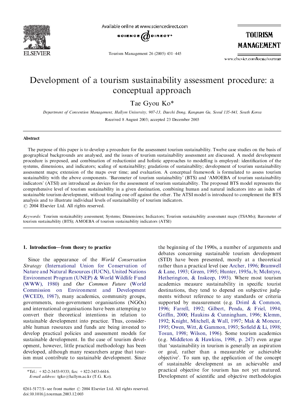 Development of a tourism sustainability assessment procedure: a conceptual approach