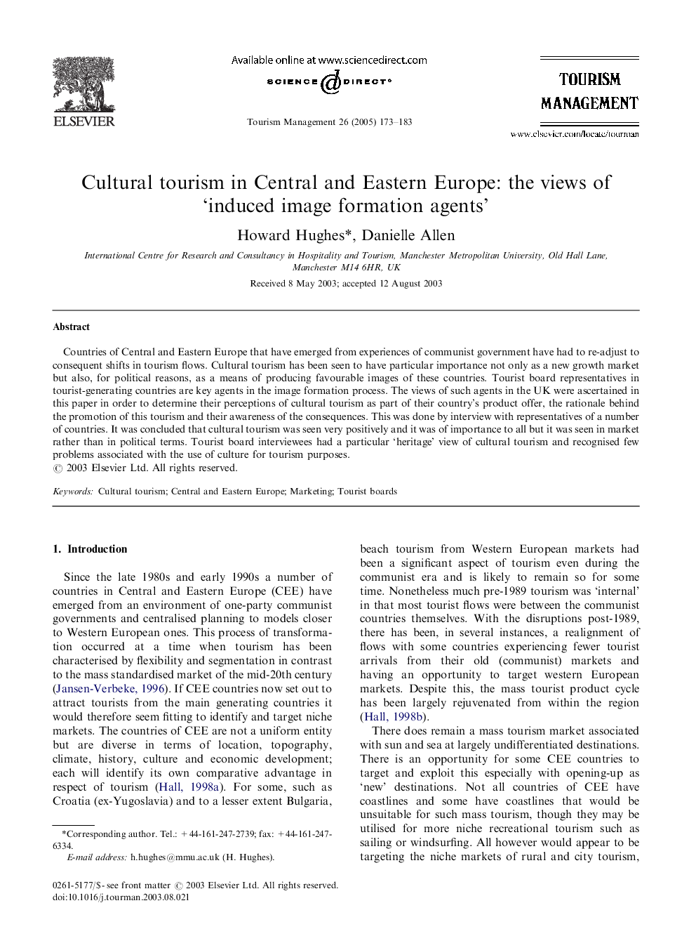 Cultural tourism in Central and Eastern Europe: the views of 'induced image formation agents'