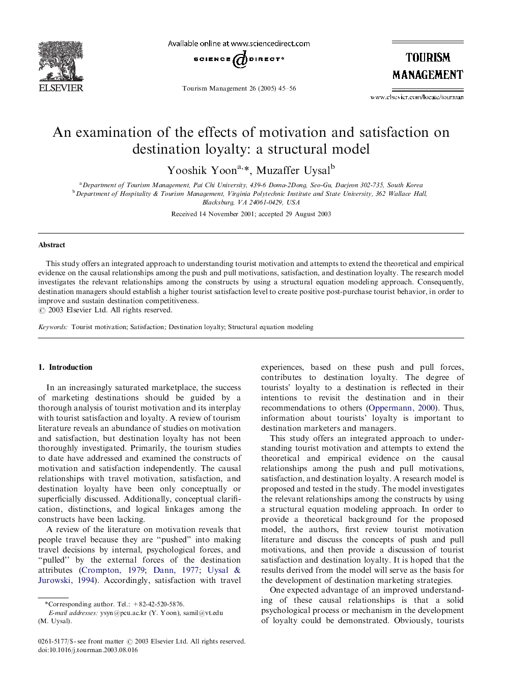 An examination of the effects of motivation and satisfaction on destination loyalty: a structural model