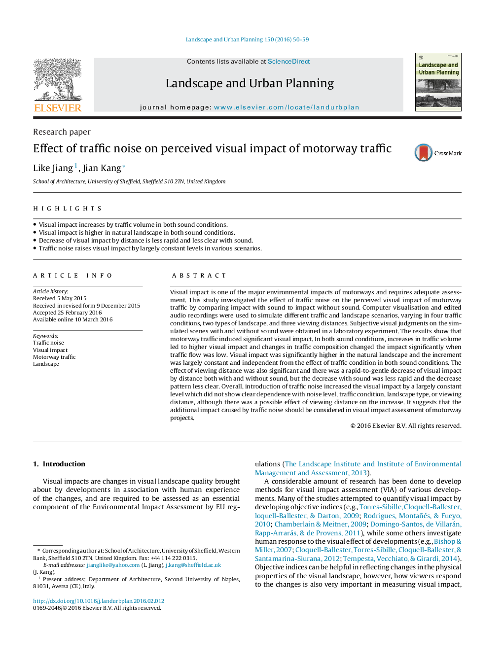 Effect of traffic noise on perceived visual impact of motorway traffic