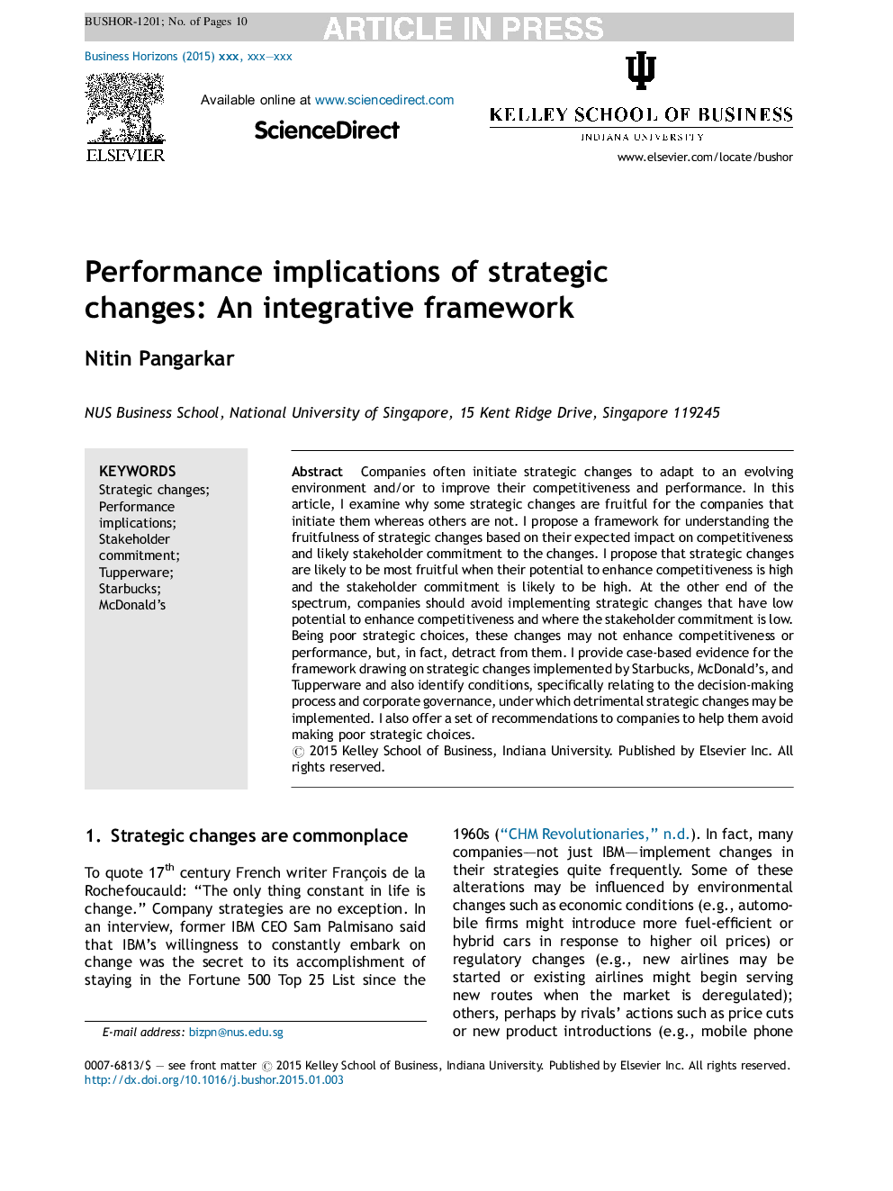 Performance implications of strategic changes: An integrative framework