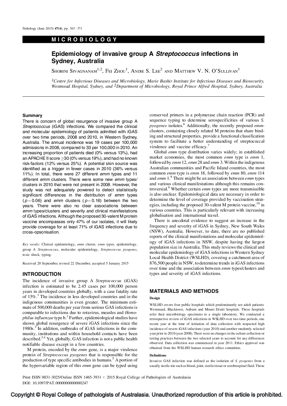 Epidemiology of invasive group A Streptococcus infections in Sydney, Australia