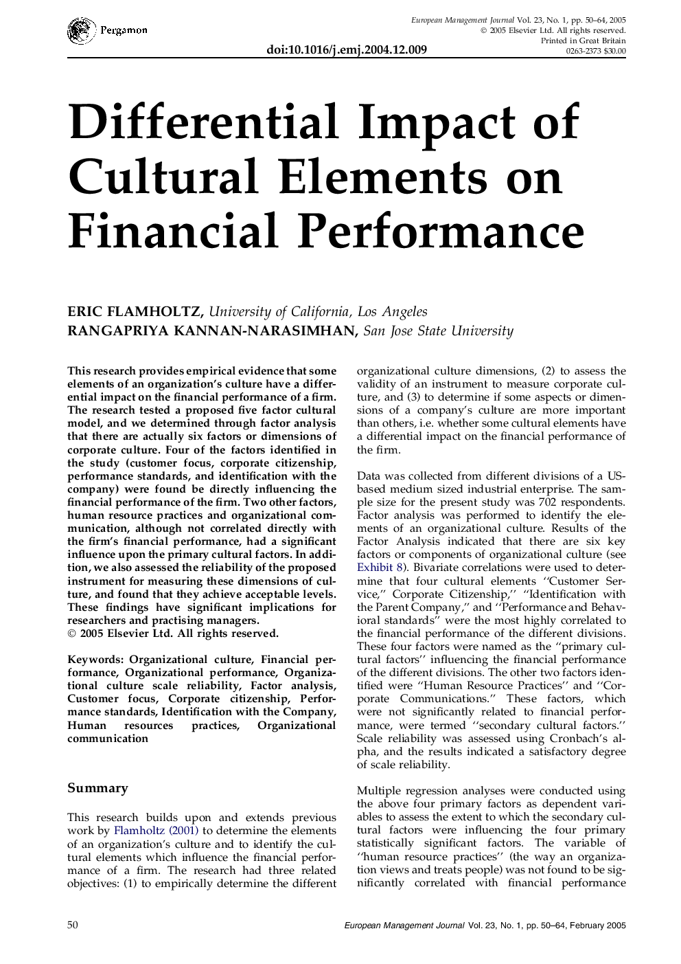 Differential Impact of Cultural Elements on Financial Performance