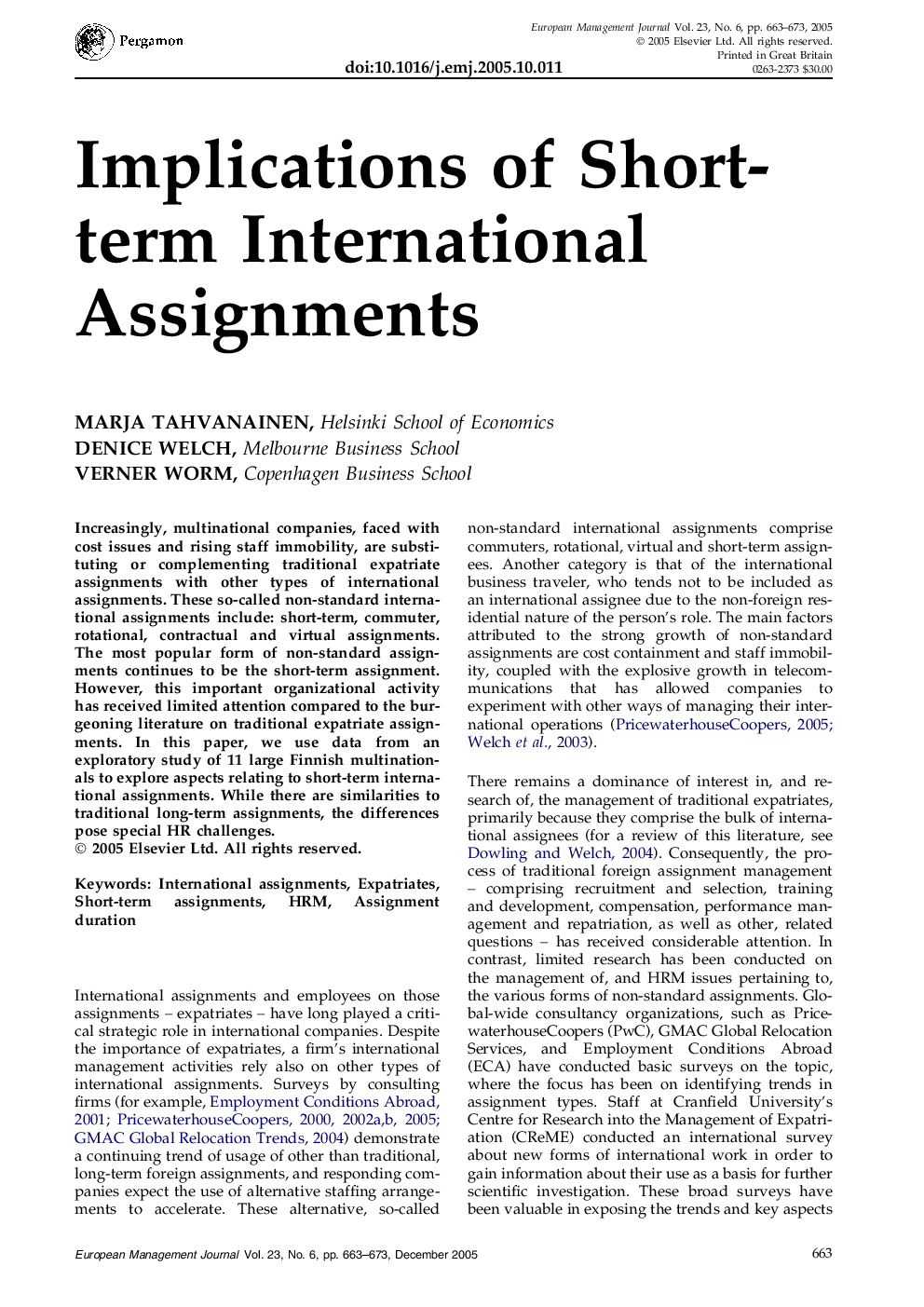 Implications of Short-term International Assignments