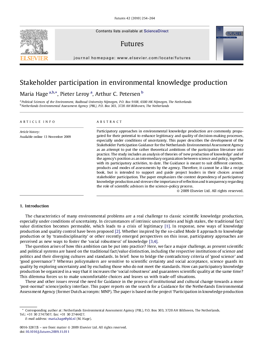 Stakeholder participation in environmental knowledge production