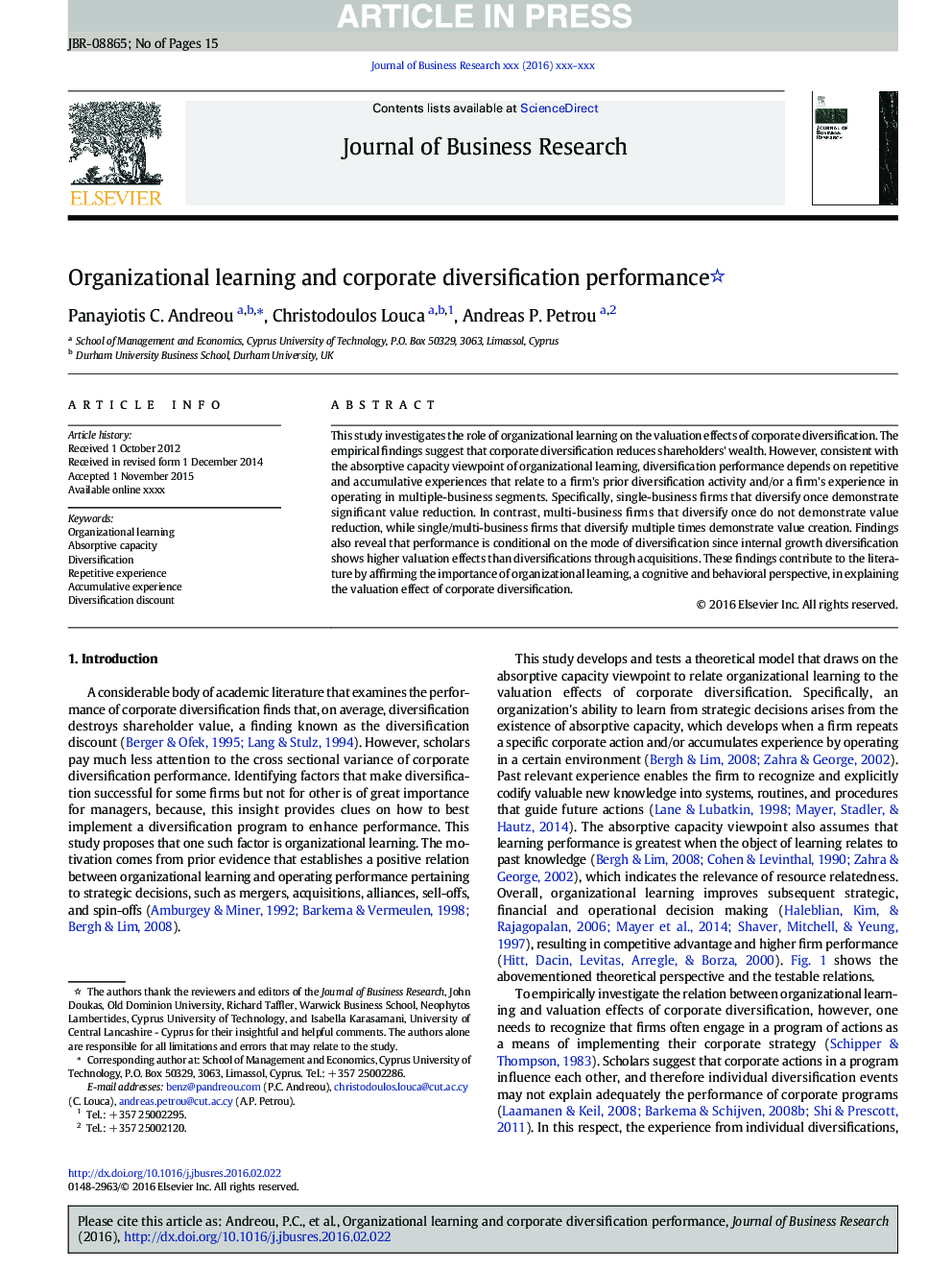 Organizational learning and corporate diversification performance