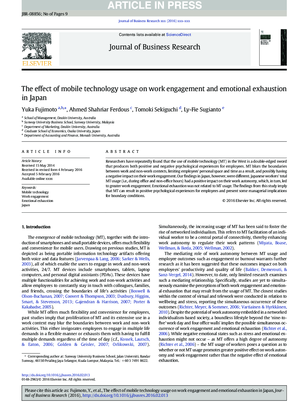 The effect of mobile technology usage on work engagement and emotional exhaustion in Japan