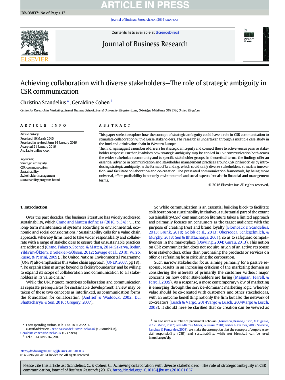 Achieving collaboration with diverse stakeholders-The role of strategic ambiguity in CSR communication