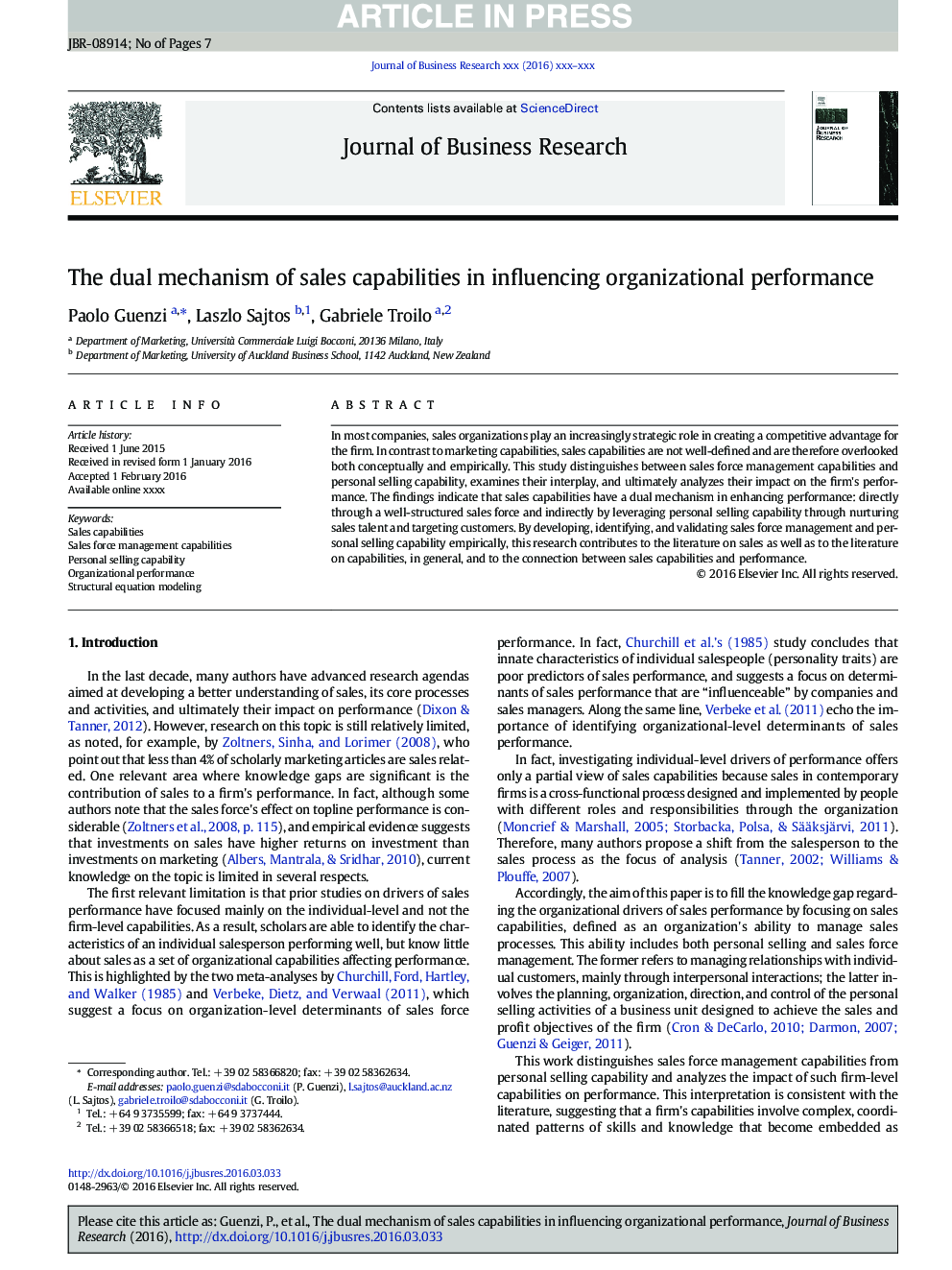 The dual mechanism of sales capabilities in influencing organizational performance