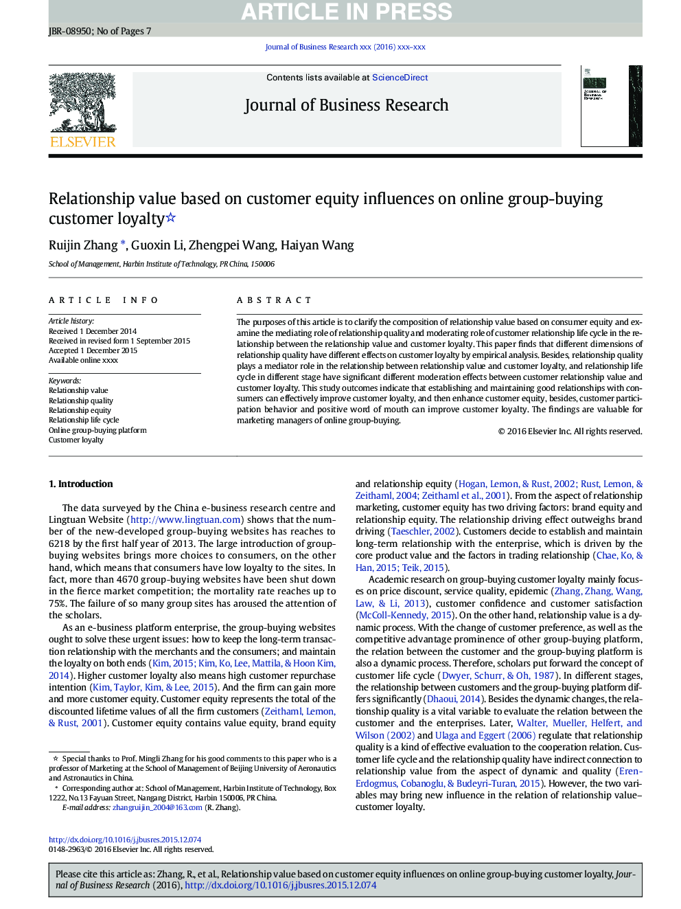 Relationship value based on customer equity influences on online group-buying customer loyalty
