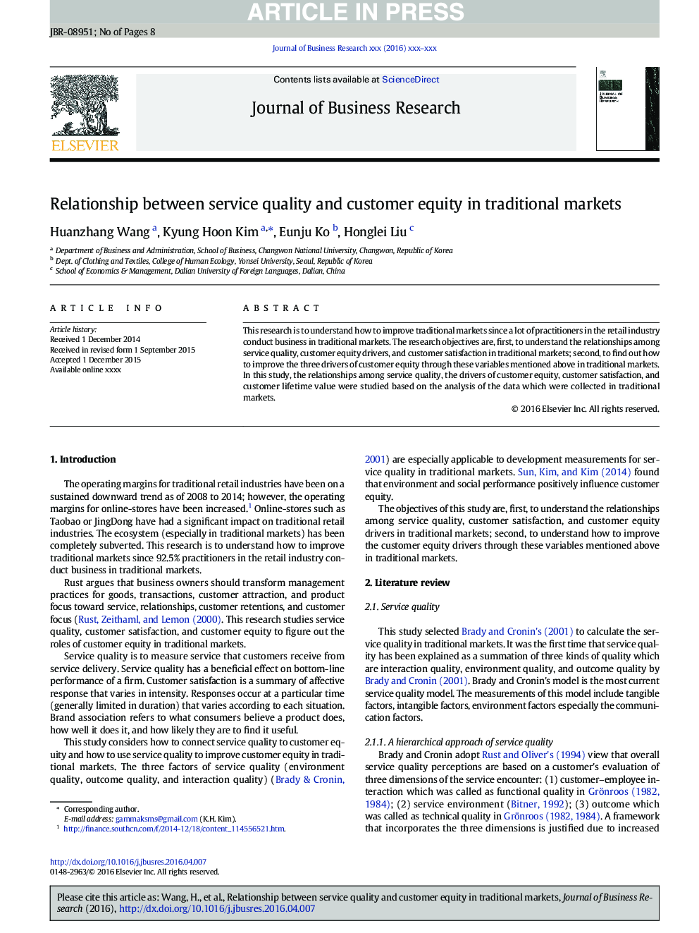 Relationship between service quality and customer equity in traditional markets