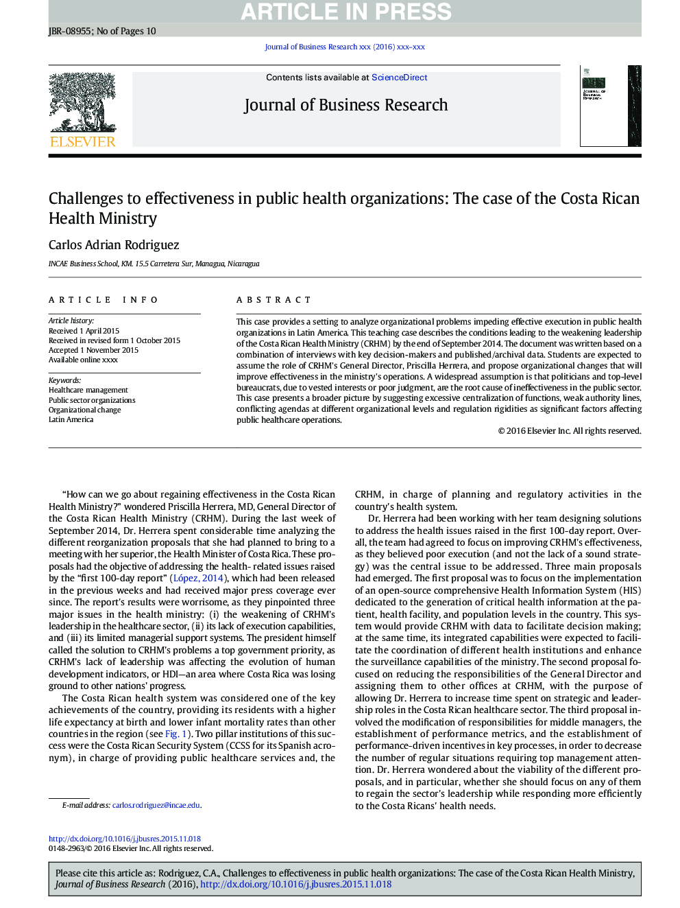 Challenges to effectiveness in public health organizations: The case of the Costa Rican Health Ministry