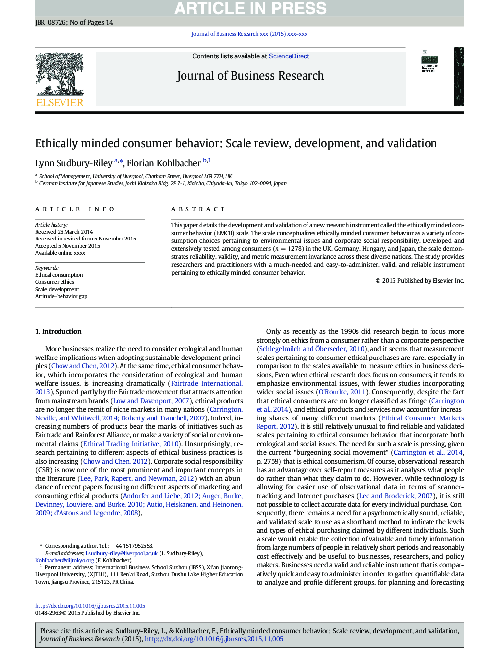 Ethically minded consumer behavior: Scale review, development, and validation