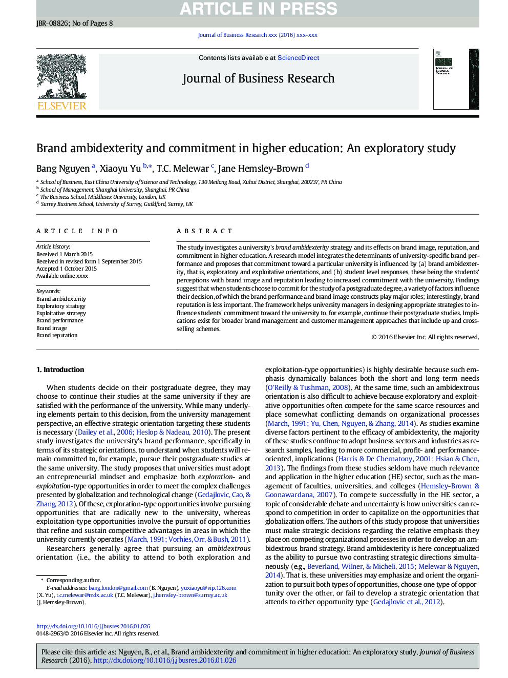 Brand ambidexterity and commitment in higher education: An exploratory study