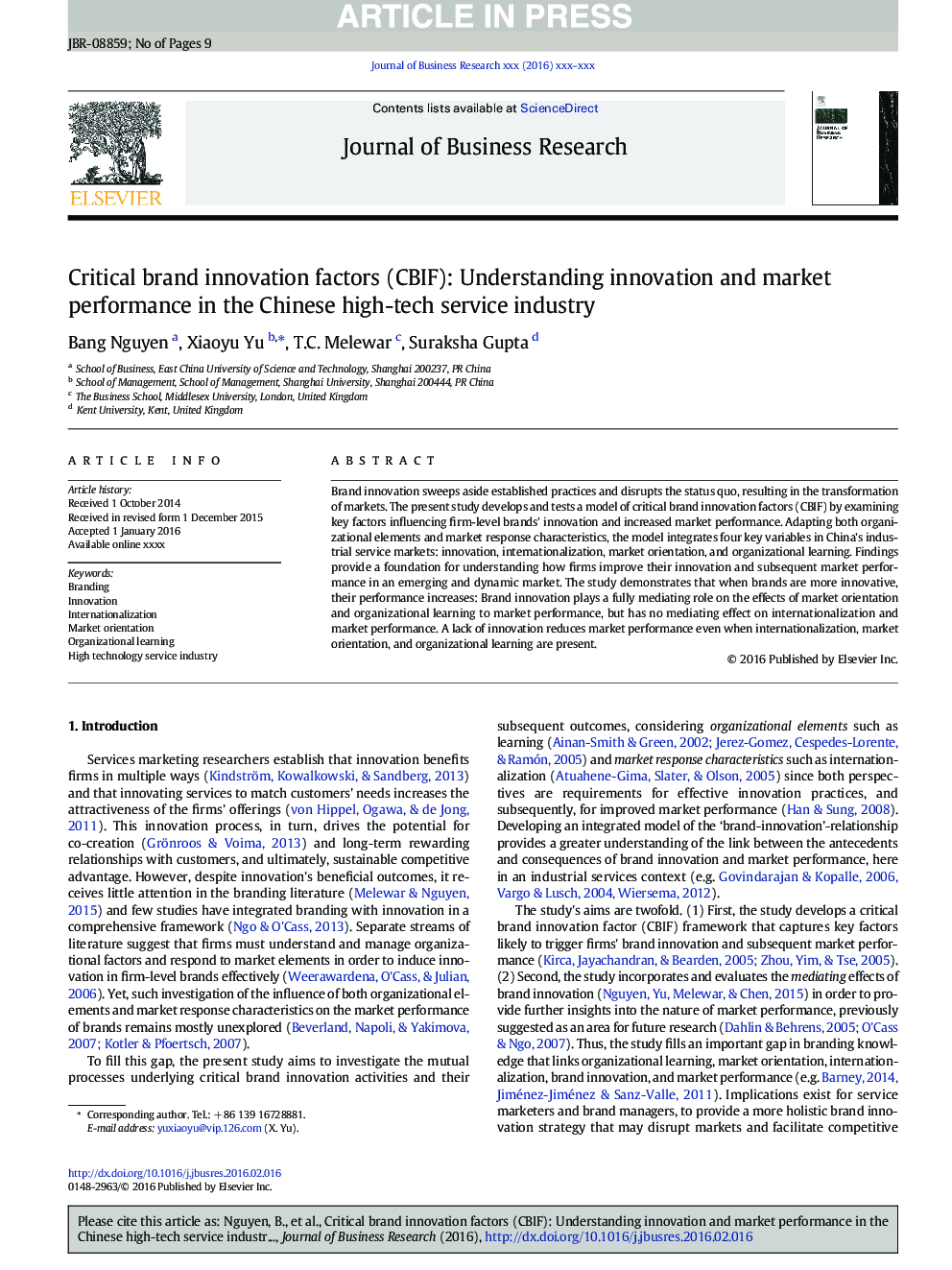 Critical brand innovation factors (CBIF): Understanding innovation and market performance in the Chinese high-tech service industry