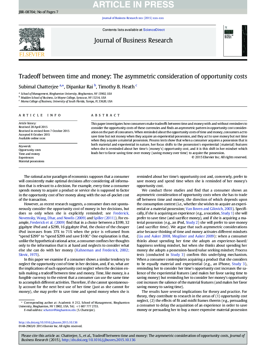 Tradeoff between time and money: The asymmetric consideration of opportunity costs