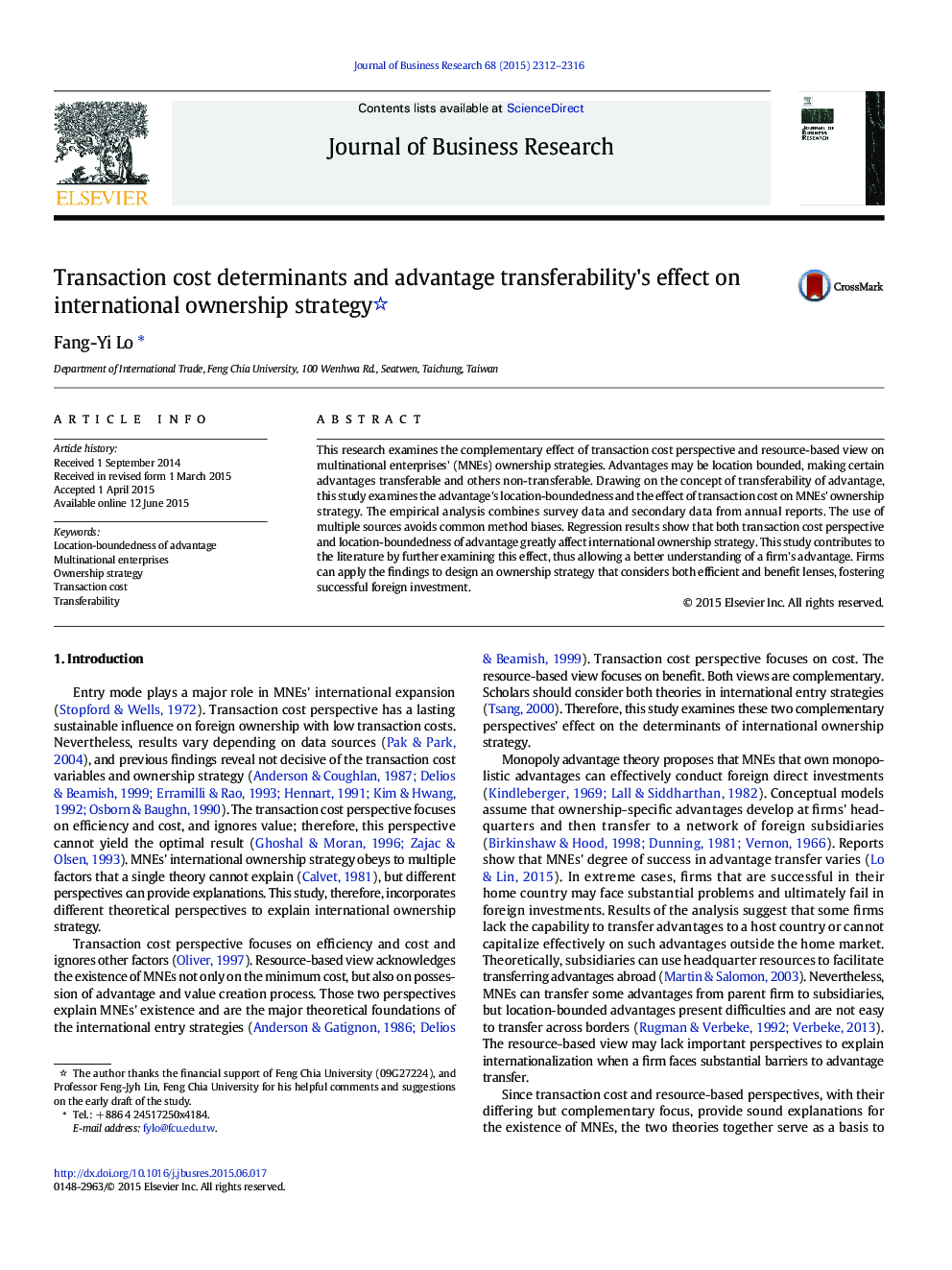 Transaction cost determinants and advantage transferability's effect on international ownership strategy