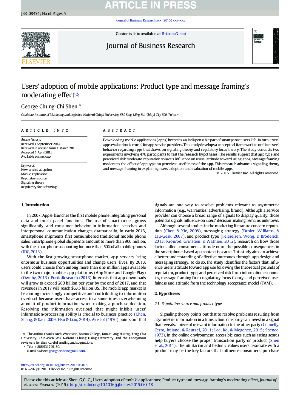 Users' adoption of mobile applications: Product type and message framing's moderating effect