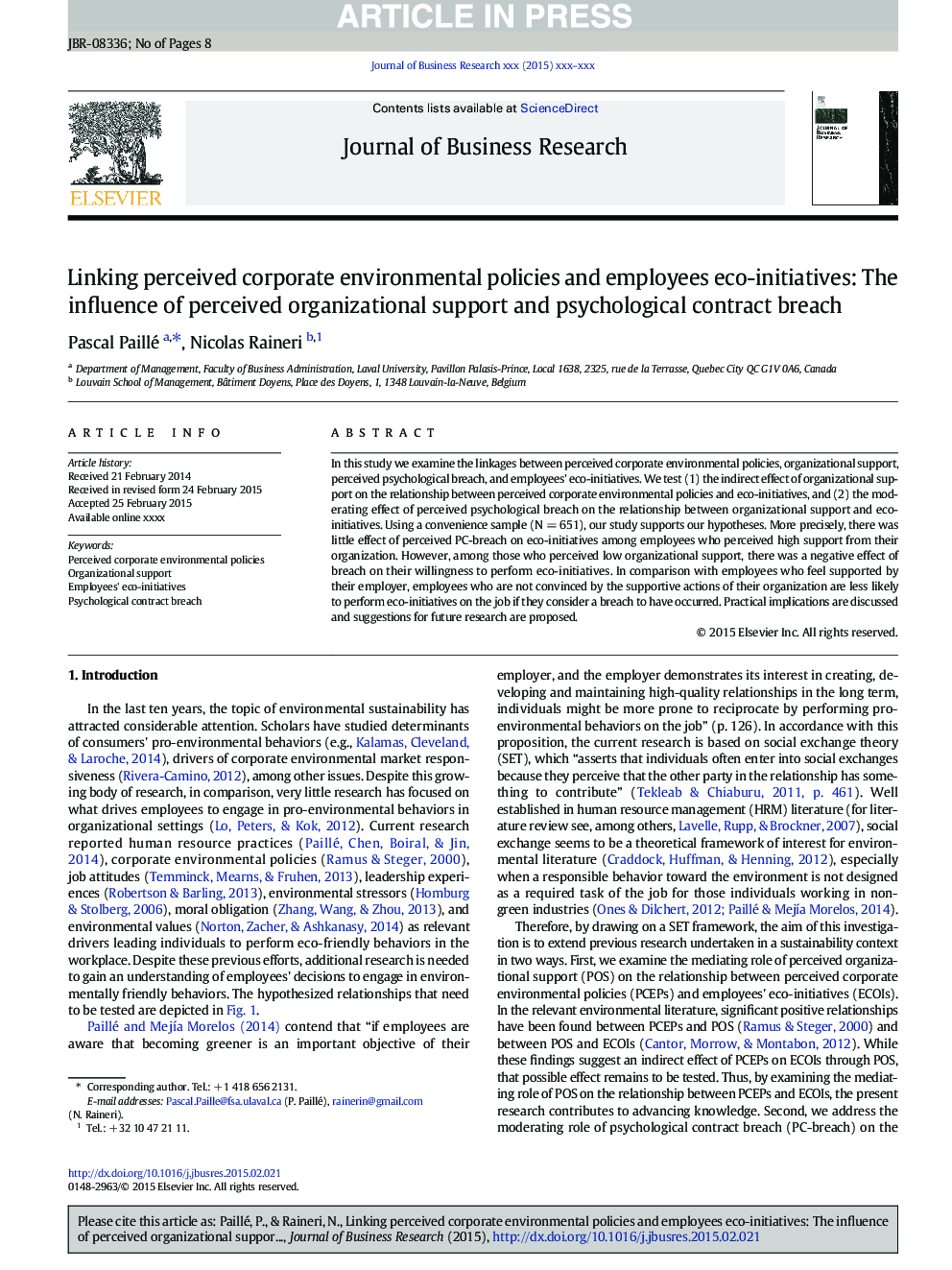 Linking perceived corporate environmental policies and employees eco-initiatives: The influence of perceived organizational support and psychological contract breach