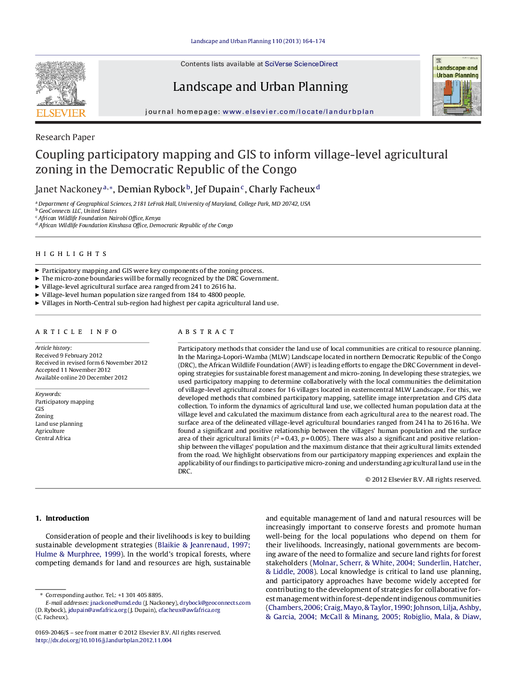 Coupling participatory mapping and GIS to inform village-level agricultural zoning in the Democratic Republic of the Congo