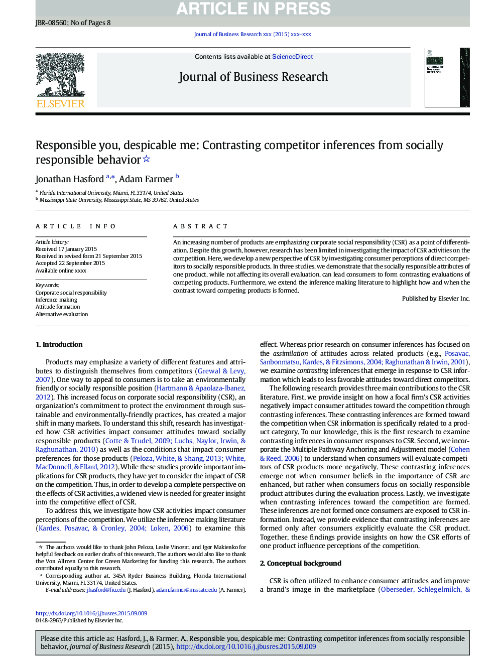 Responsible you, despicable me: Contrasting competitor inferences from socially responsible behavior