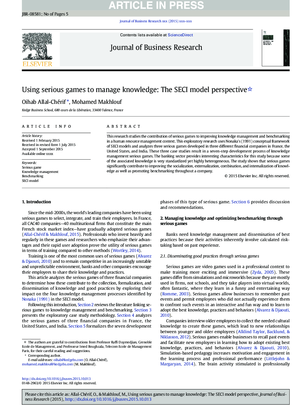 Using serious games to manage knowledge: The SECI model perspective