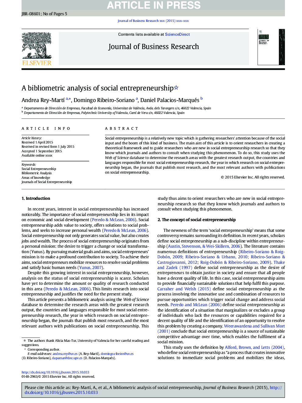 A bibliometric analysis of social entrepreneurship