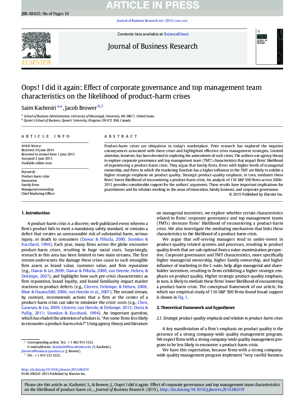 Oops! I did it again: Effect of corporate governance and top management team characteristics on the likelihood of product-harm crises