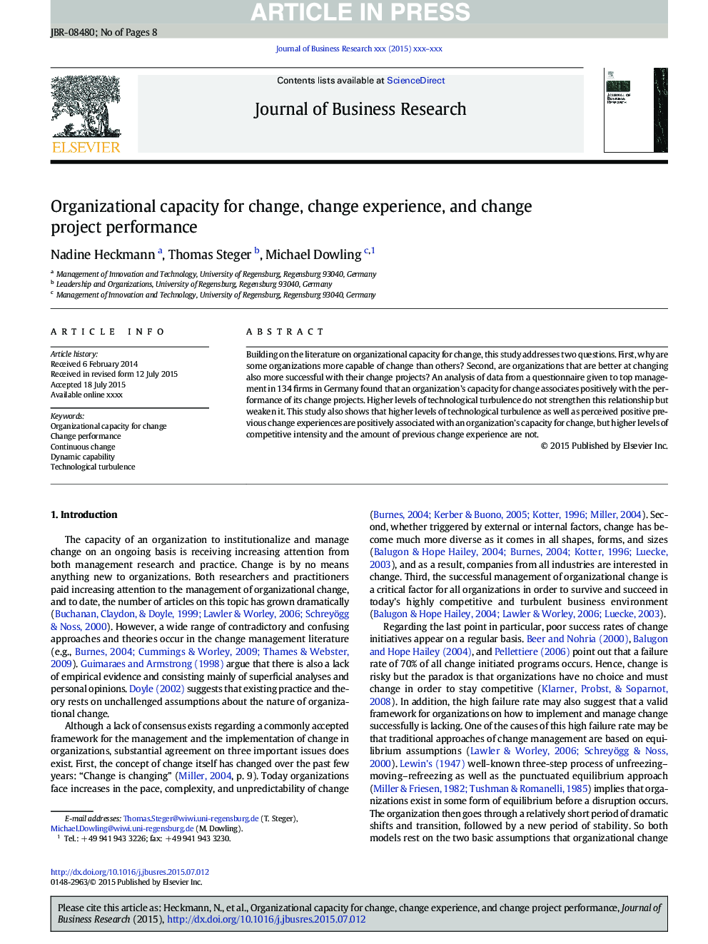 Organizational capacity for change, change experience, and change project performance