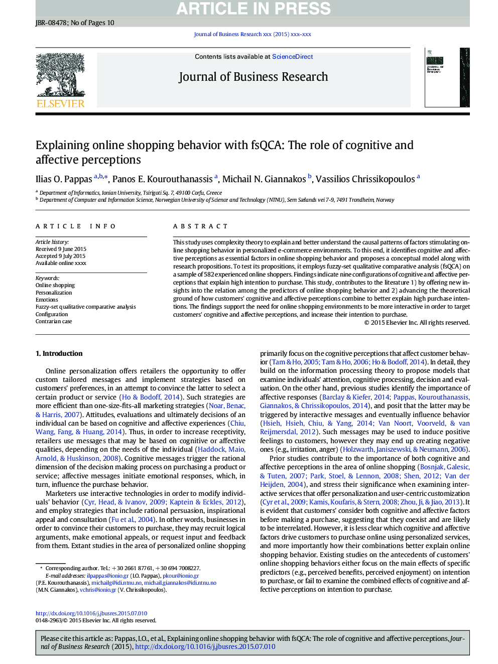 Explaining online shopping behavior with fsQCA: The role of cognitive and affective perceptions