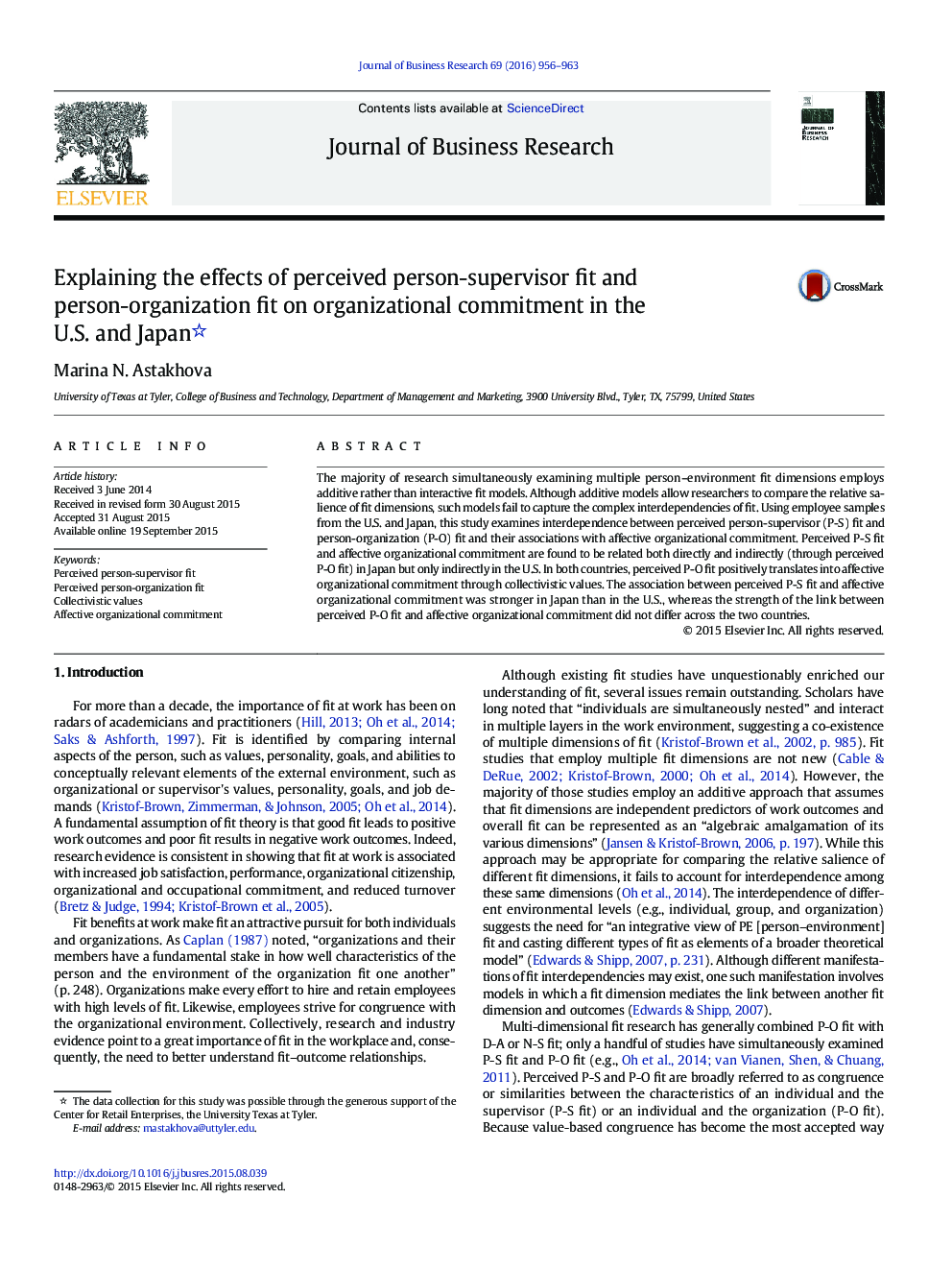 Explaining the effects of perceived person-supervisor fit and person-organization fit on organizational commitment in the U.S. and Japan