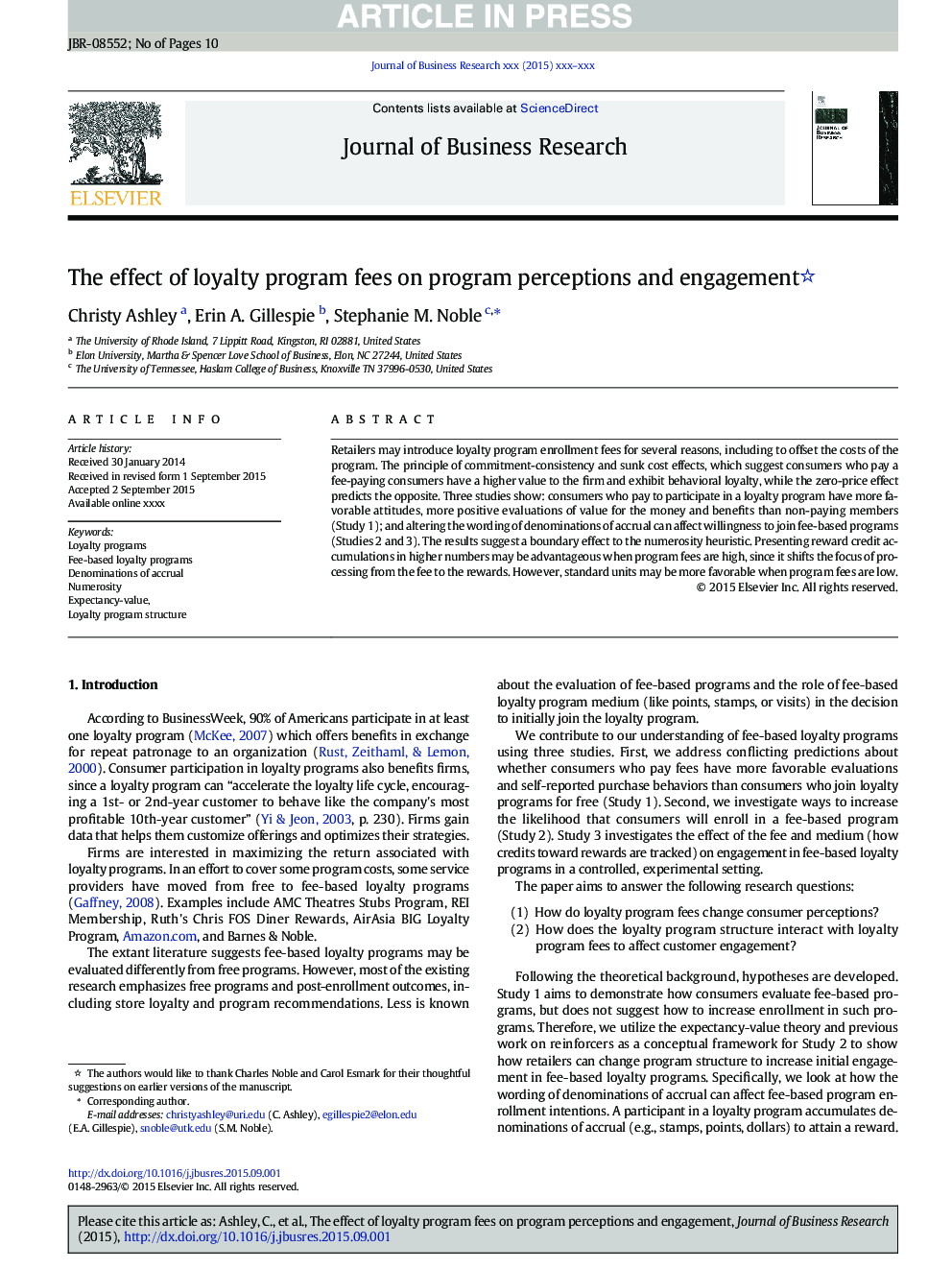 The effect of loyalty program fees on program perceptions and engagement