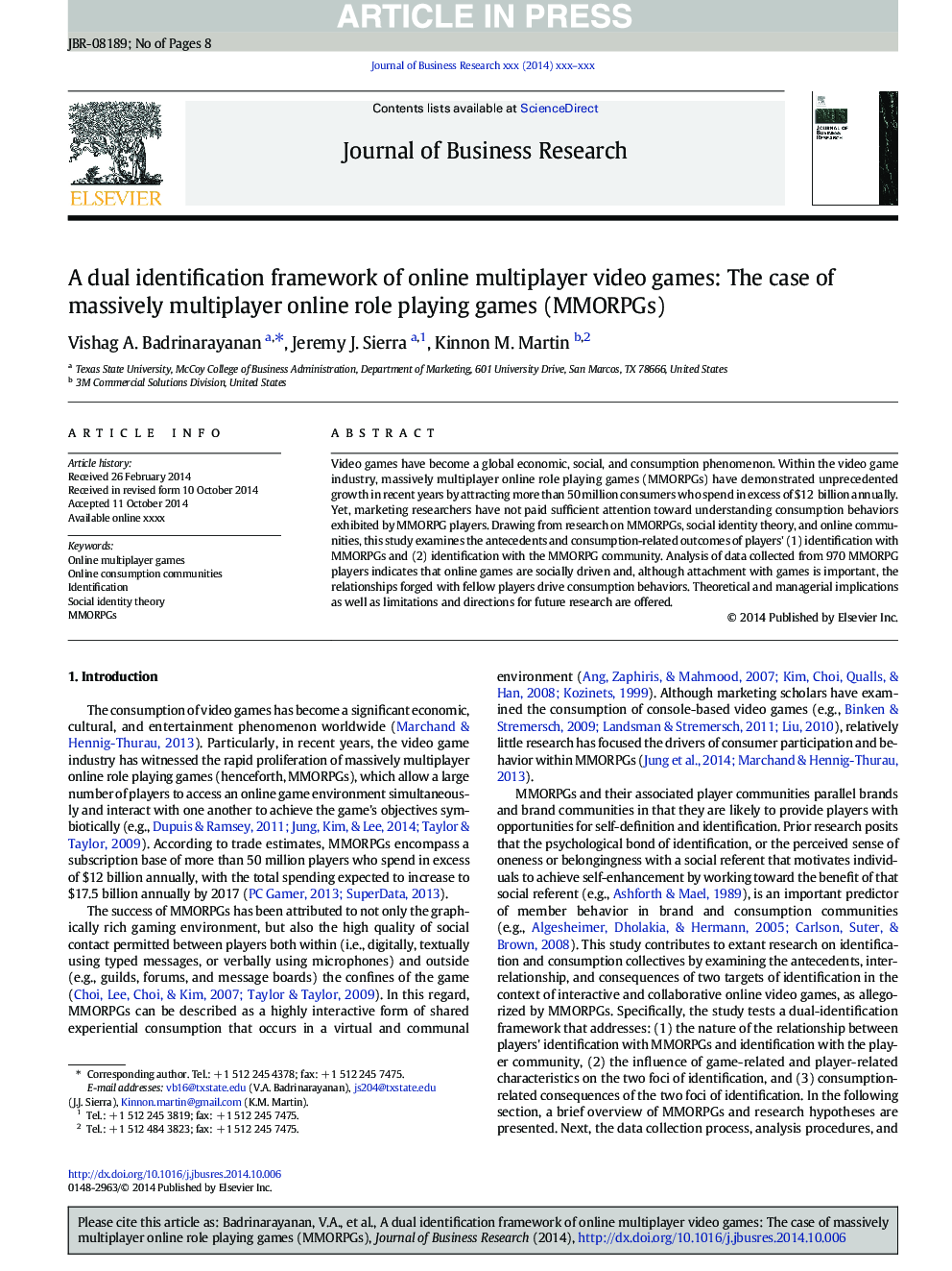 A dual identification framework of online multiplayer video games: The case of massively multiplayer online role playing games (MMORPGs)