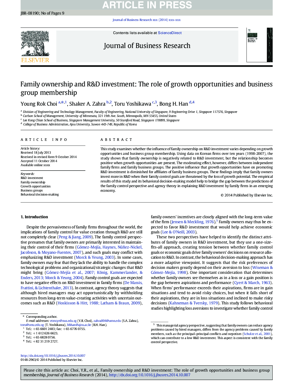 Family ownership and R&D investment: The role of growth opportunities and business group membership