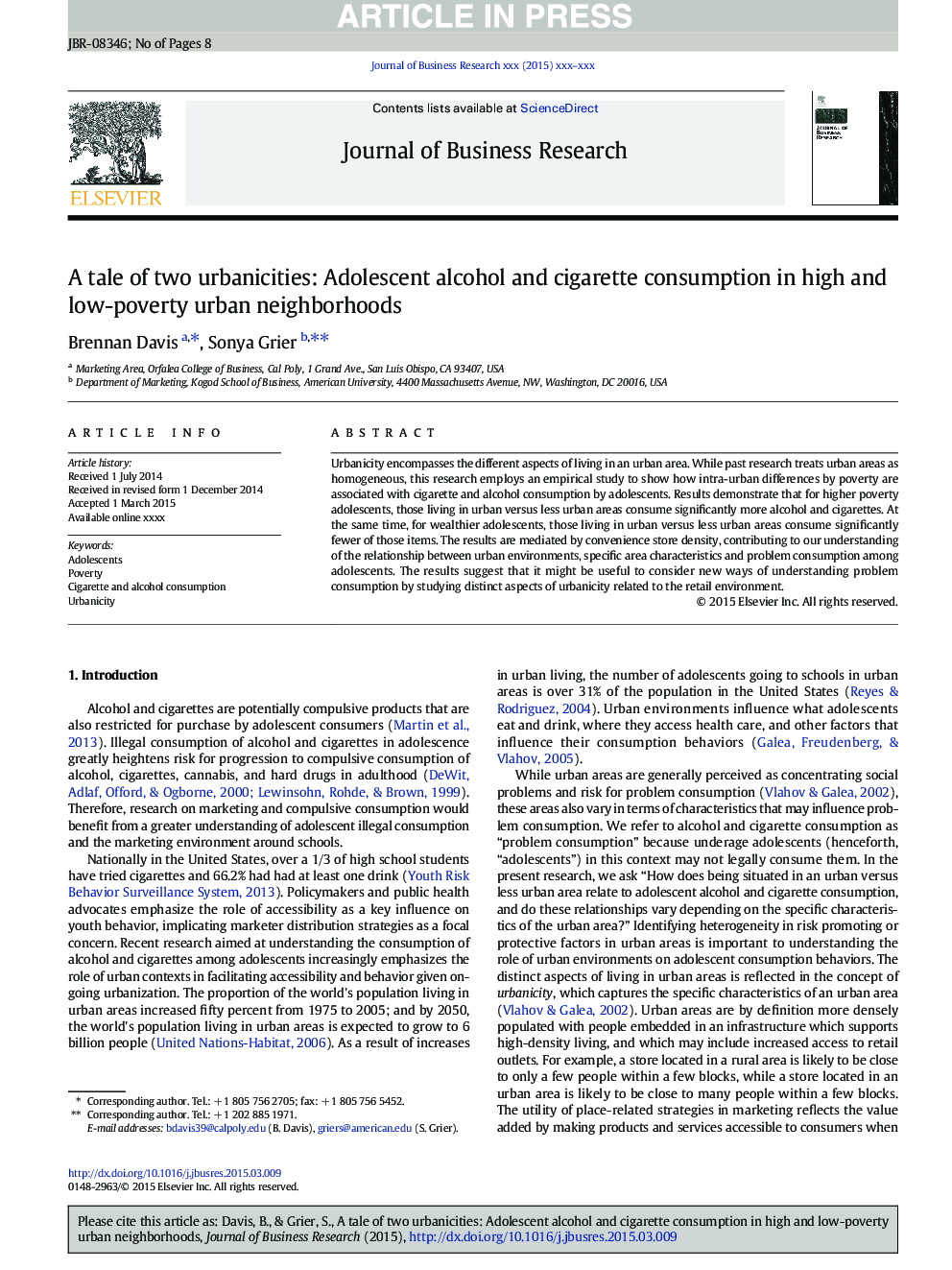 A tale of two urbanicities: Adolescent alcohol and cigarette consumption in high and low-poverty urban neighborhoods