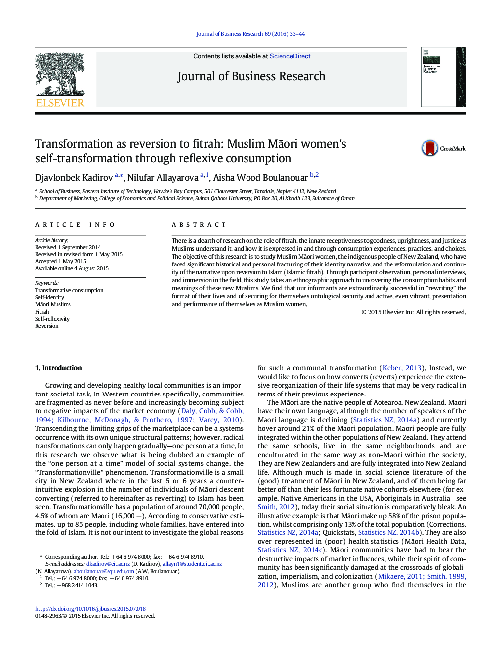 Transformation as reversion to fitrah: Muslim MÄori women's self-transformation through reflexive consumption