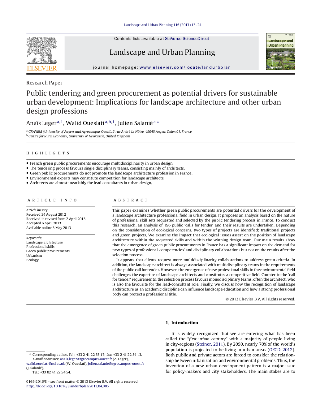 Public tendering and green procurement as potential drivers for sustainable urban development: Implications for landscape architecture and other urban design professions