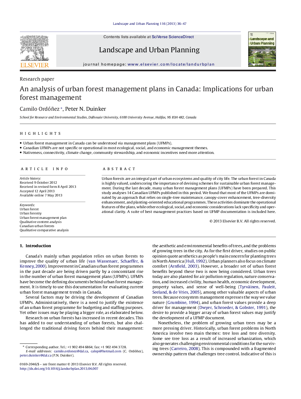 An analysis of urban forest management plans in Canada: Implications for urban forest management