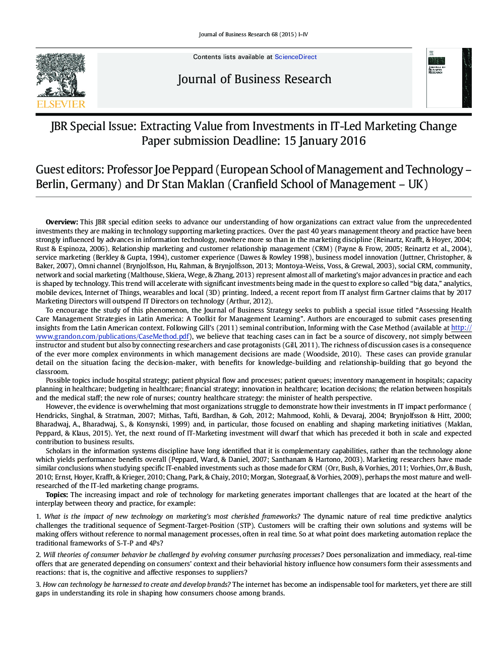 Call for Papers on JBR Special Issue: Extracting Value from Investments in IT-Led Marketing Change