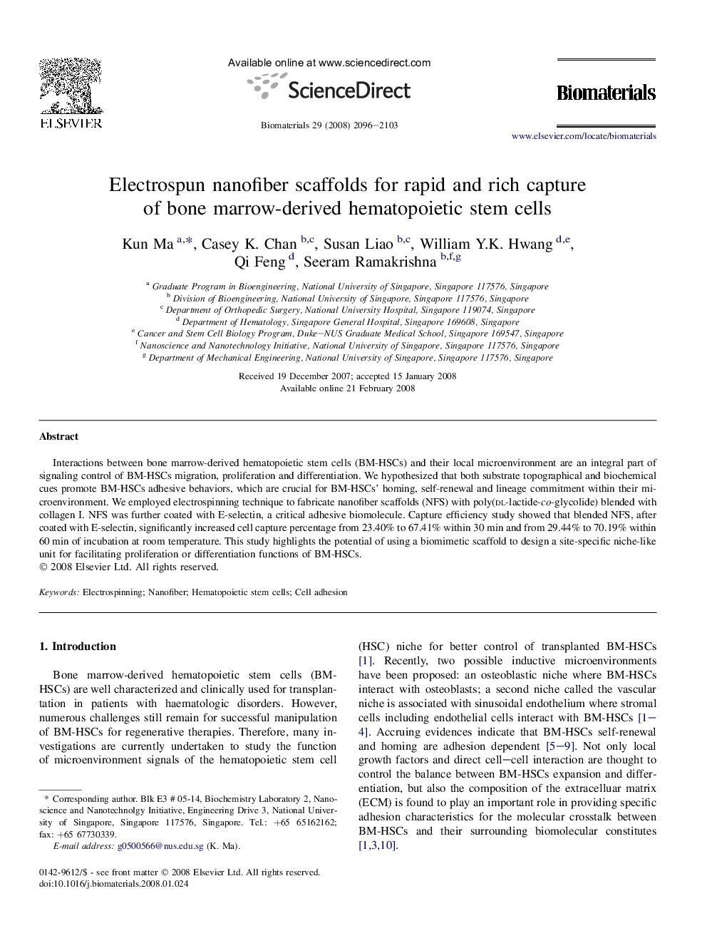 Electrospun nanofiber scaffolds for rapid and rich capture of bone marrow-derived hematopoietic stem cells