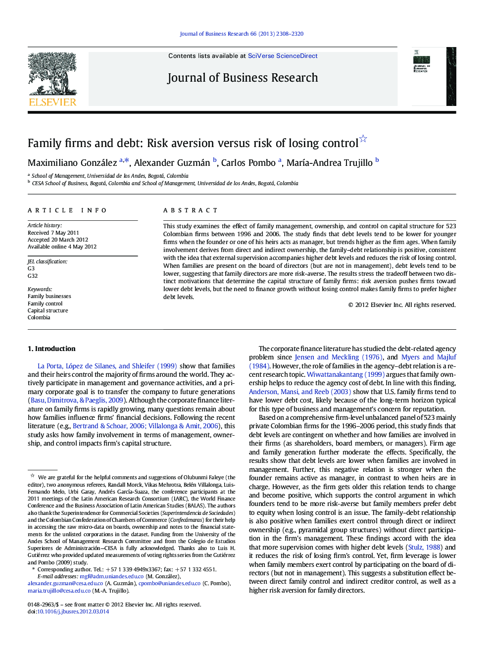 Family firms and debt: Risk aversion versus risk of losing control