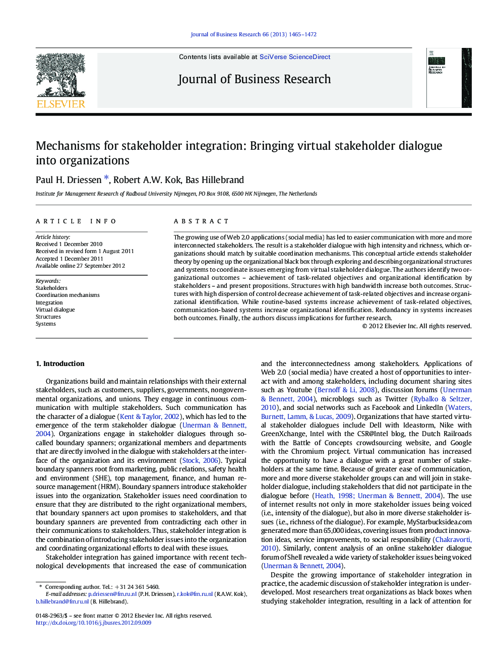 Mechanisms for stakeholder integration: Bringing virtual stakeholder dialogue into organizations