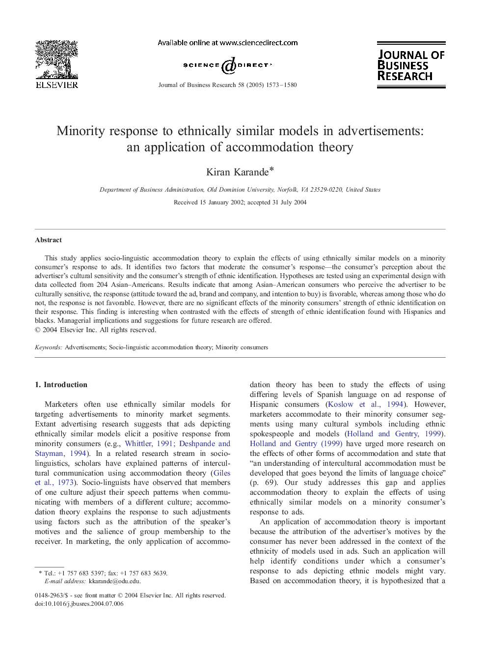 Minority response to ethnically similar models in advertisements: an application of accommodation theory