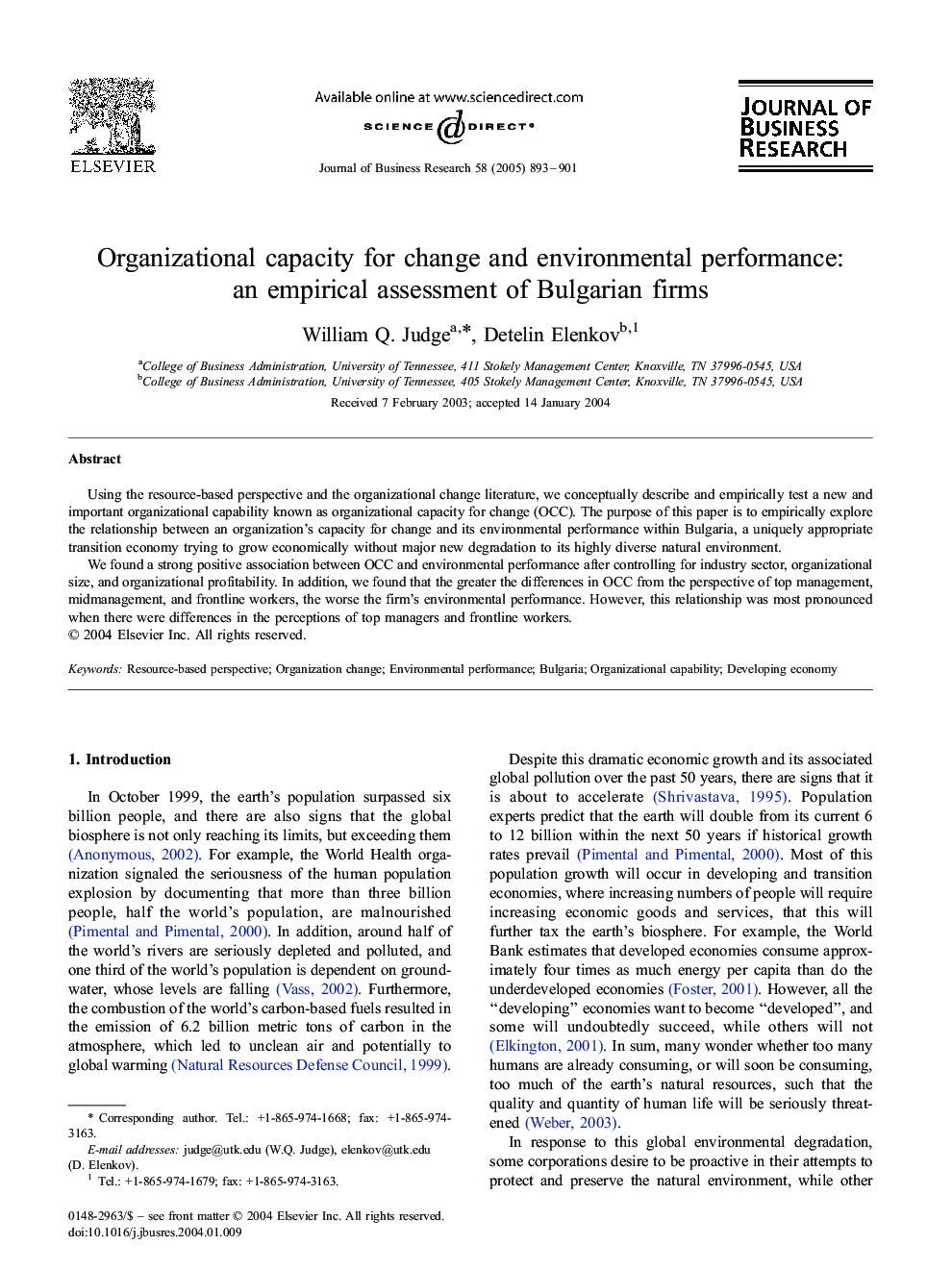 Organizational capacity for change and environmental performance: an empirical assessment of Bulgarian firms