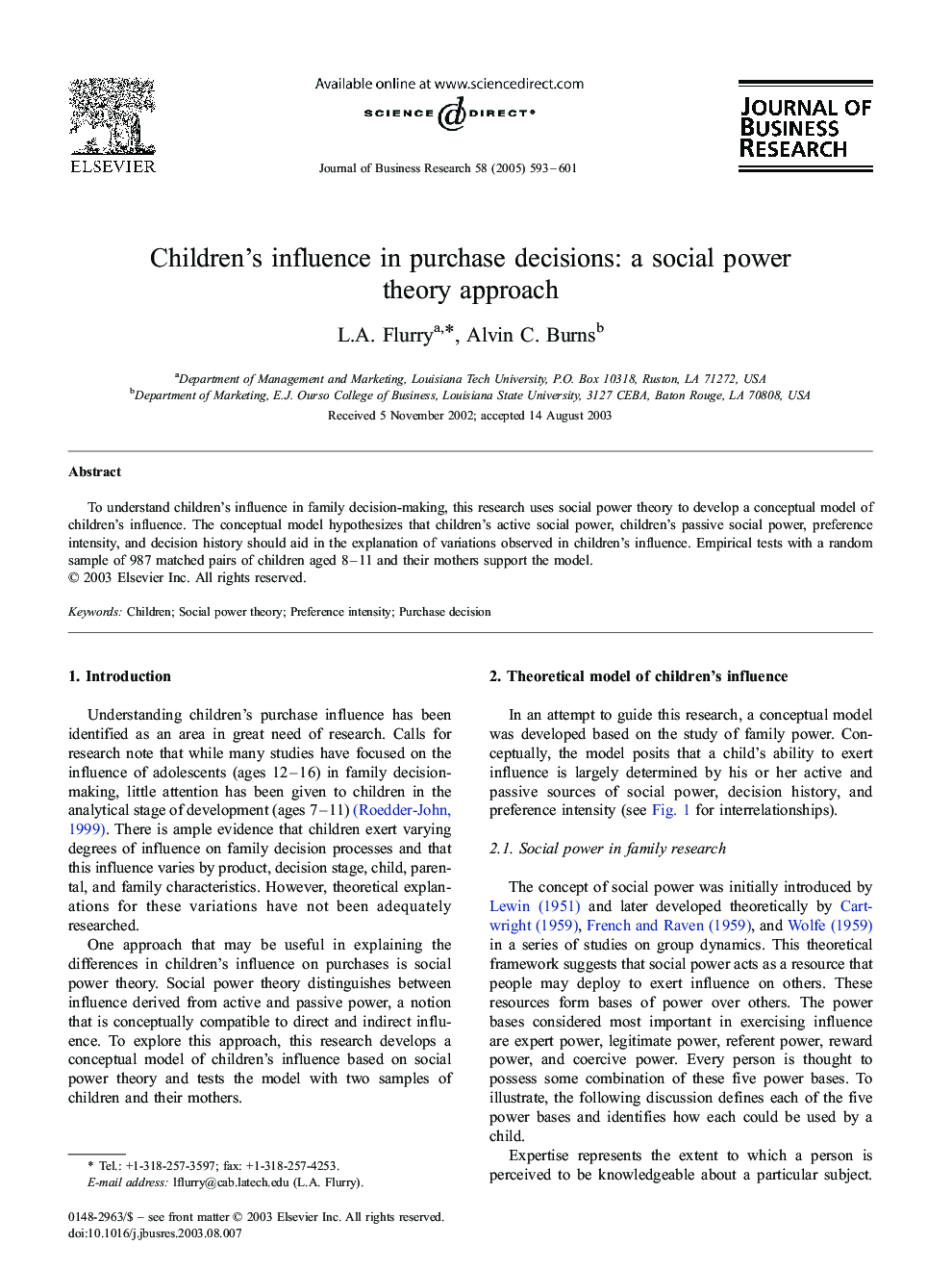 Children's influence in purchase decisions: a social power theory approach